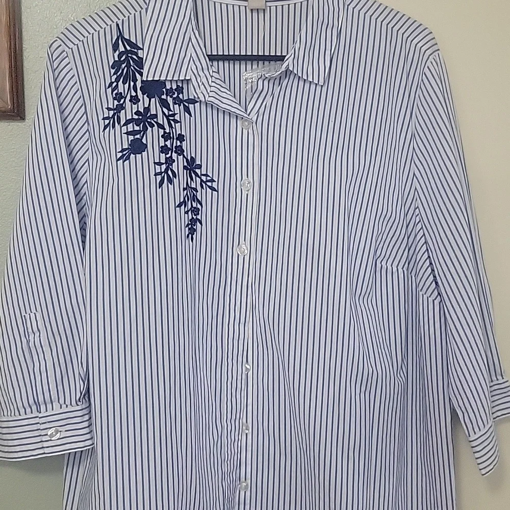 Blue Striped Women Shirt with Embroidery - Picture 2 of 6